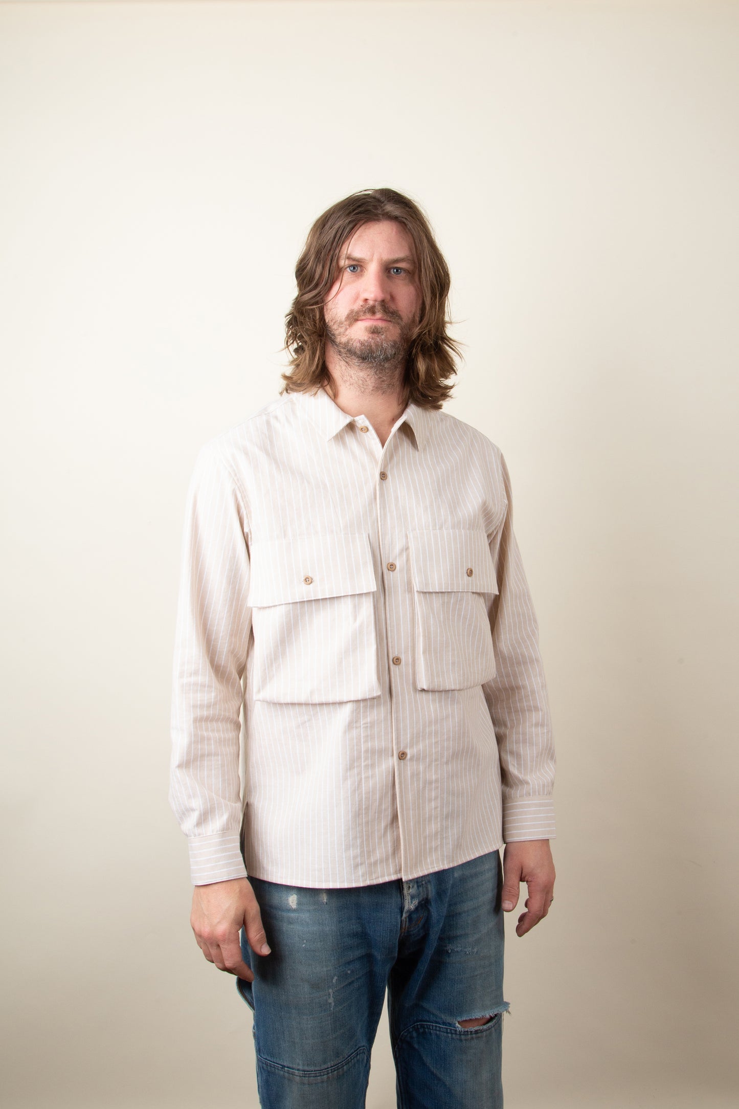 Beige and White Striped Broadcloth Camp Shirt
