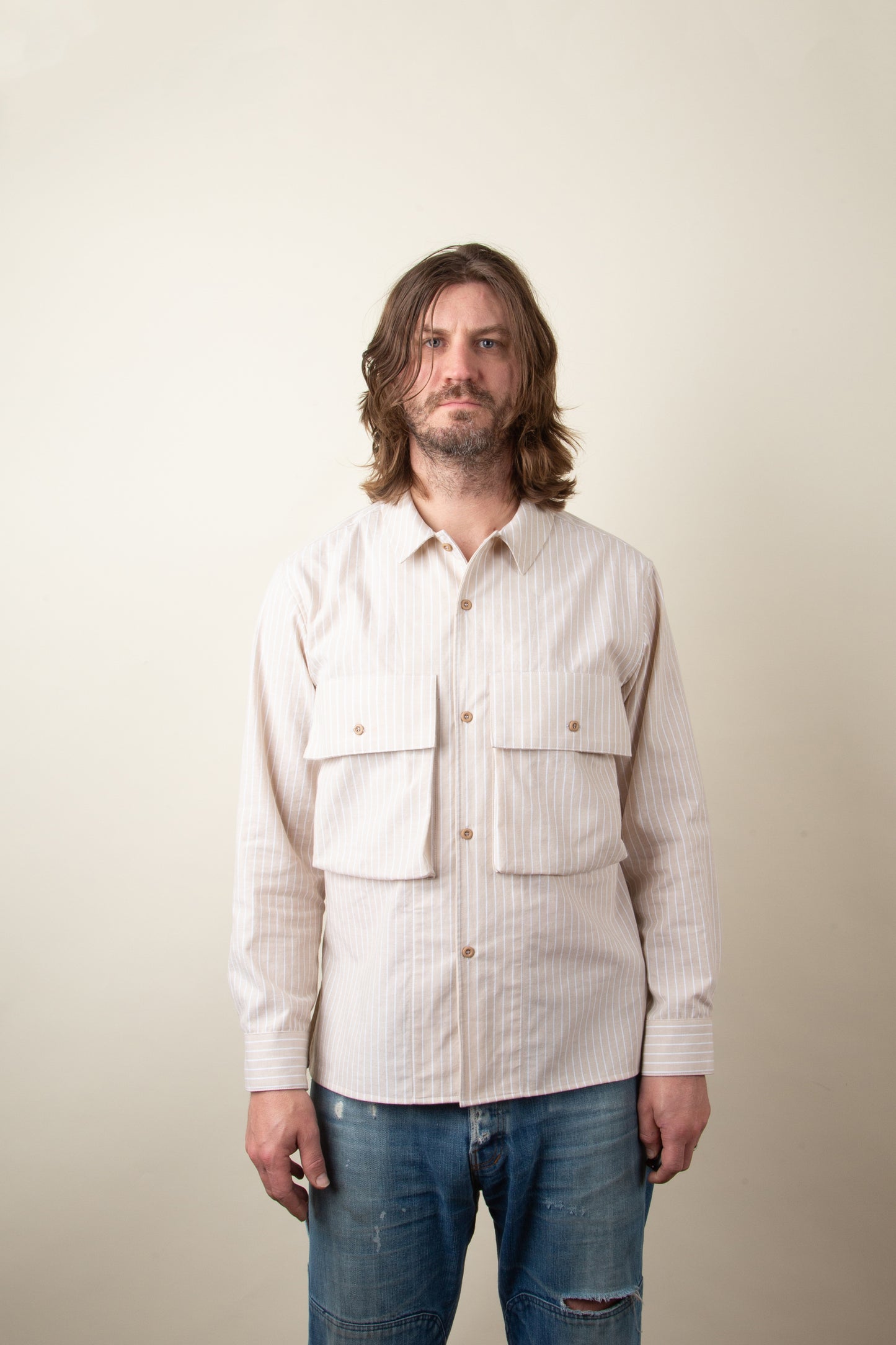 Beige and White Striped Broadcloth Camp Shirt