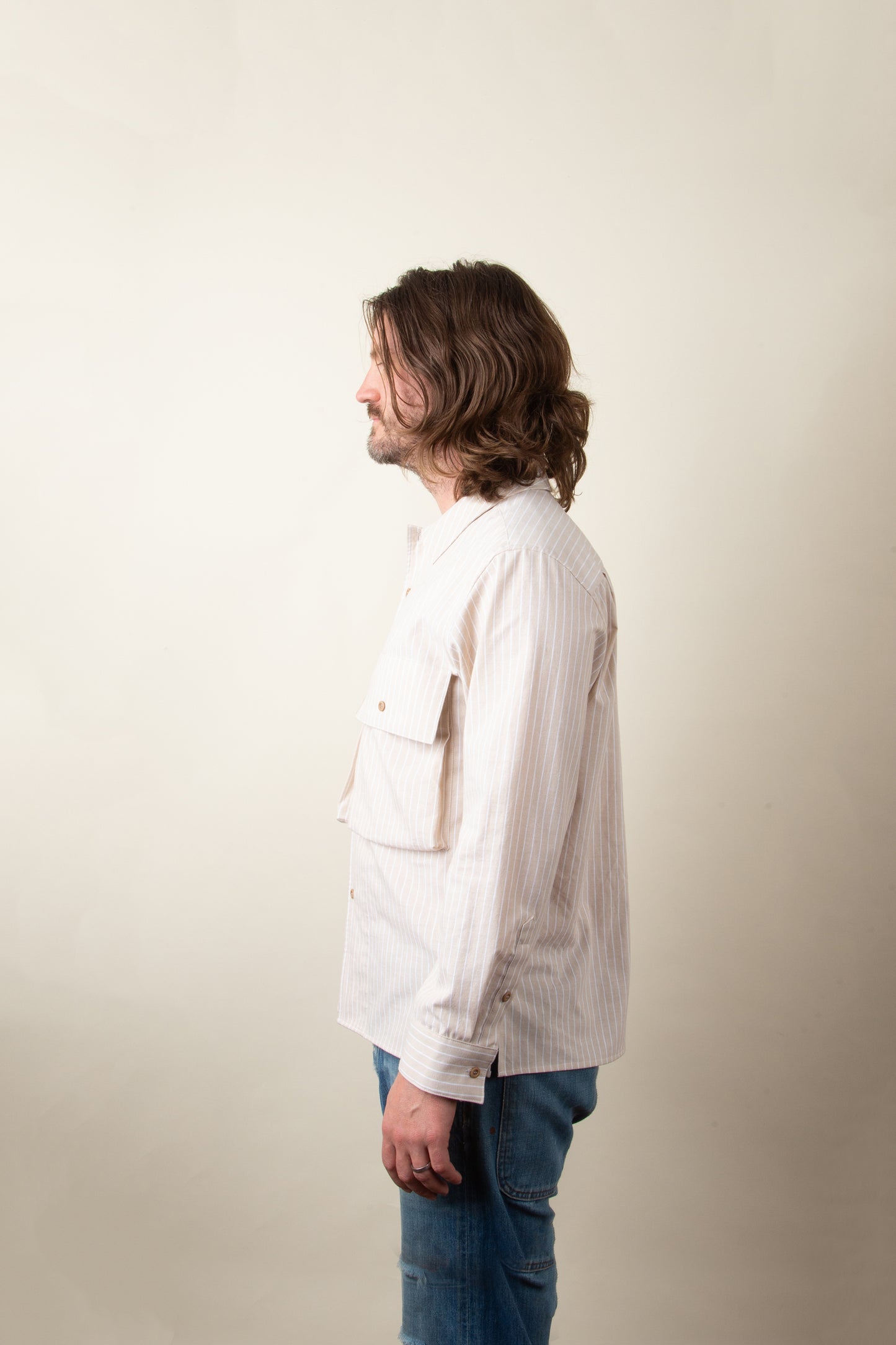 Beige and White Striped Broadcloth Camp Shirt
