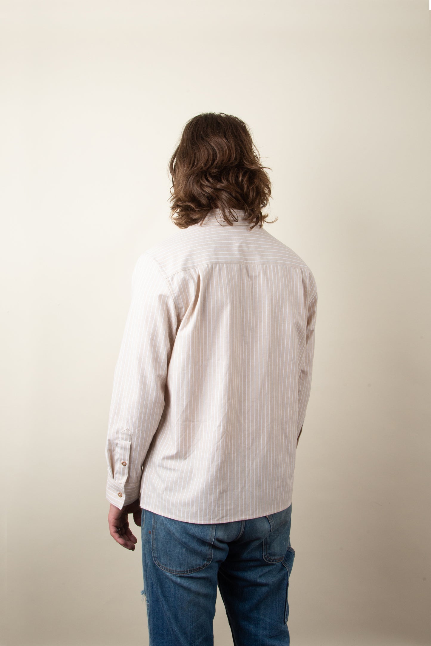 Beige and White Striped Broadcloth Camp Shirt
