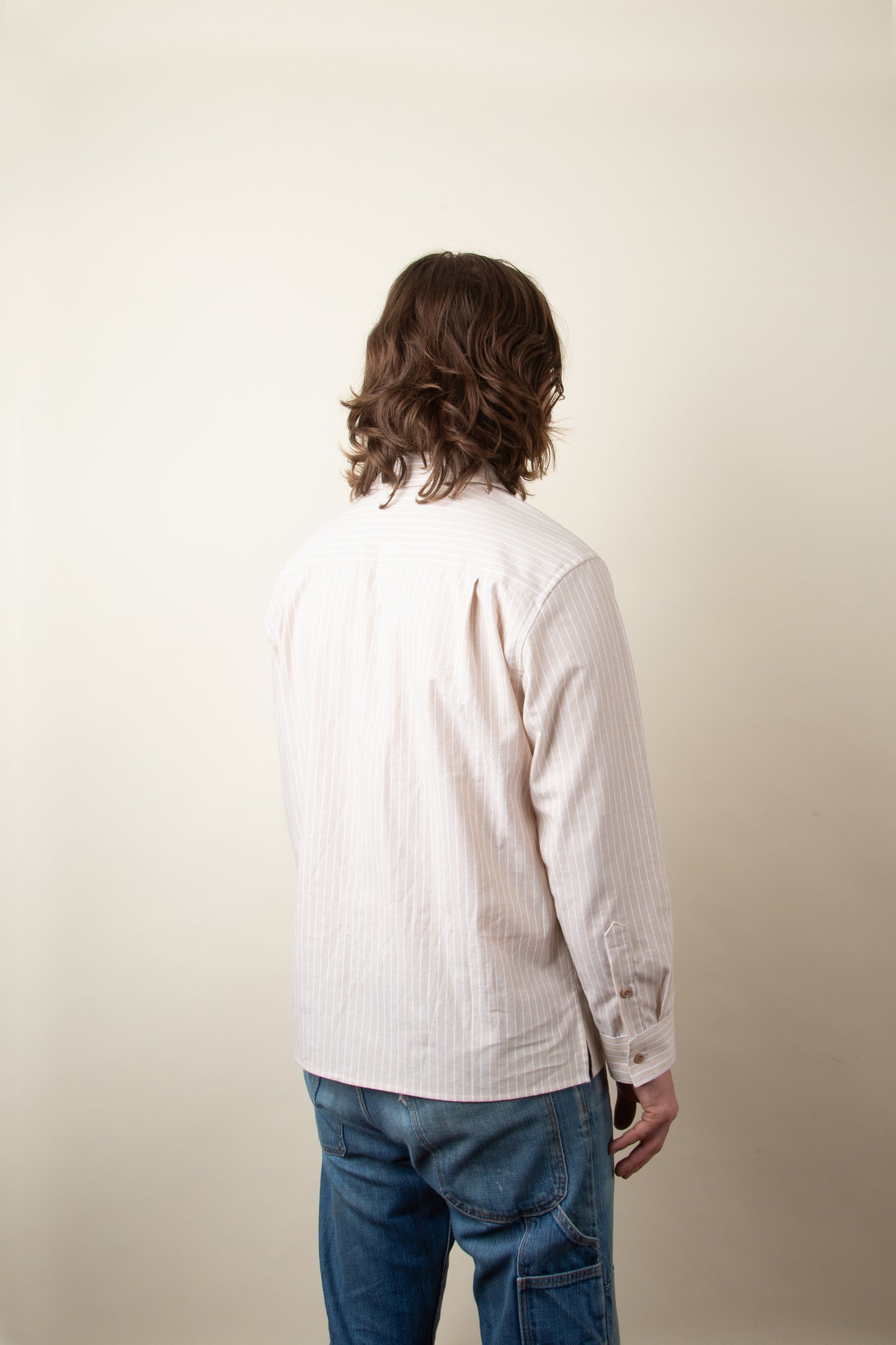Beige and White Striped Broadcloth Camp Shirt