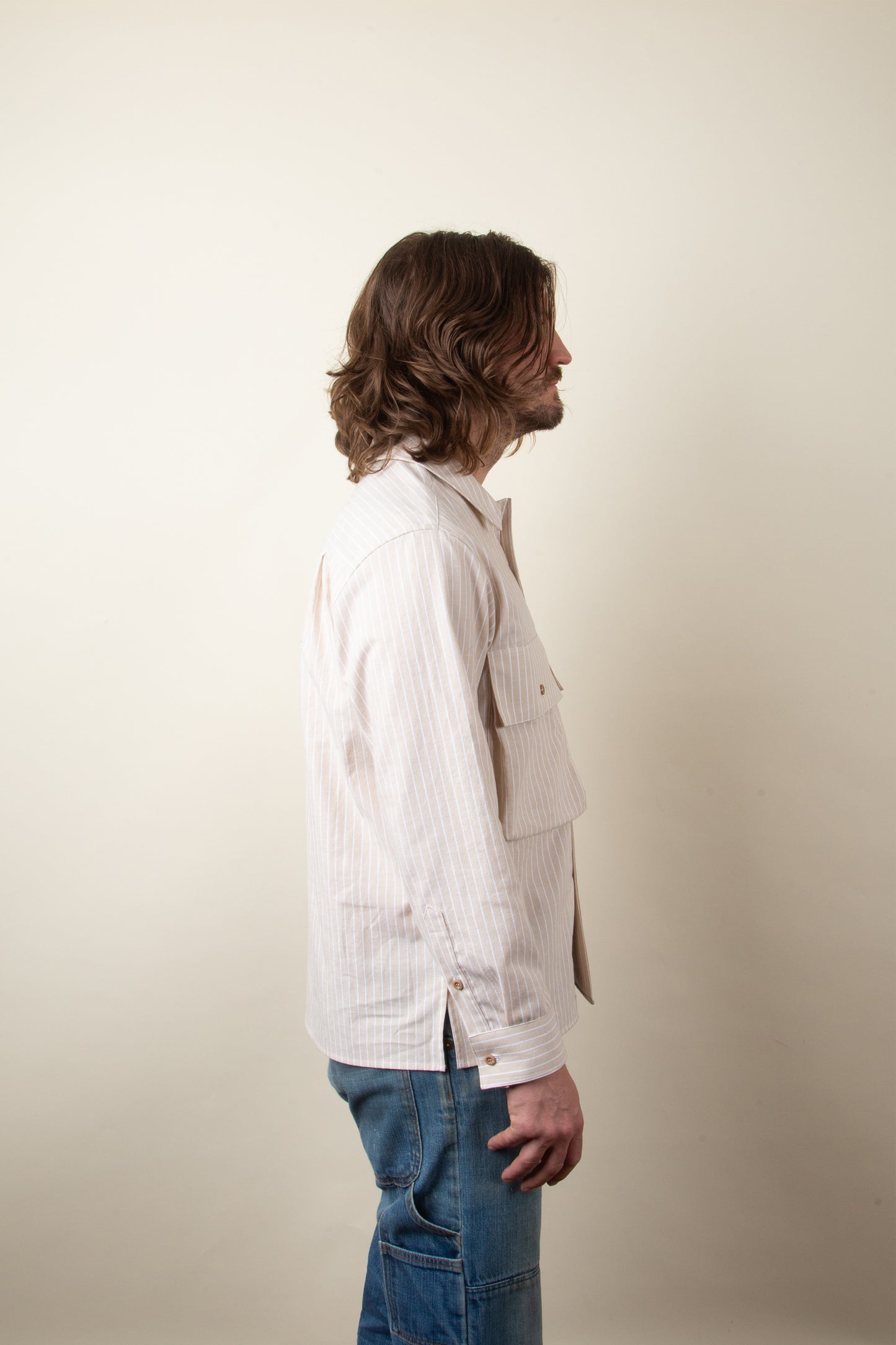 Beige and White Striped Broadcloth Camp Shirt