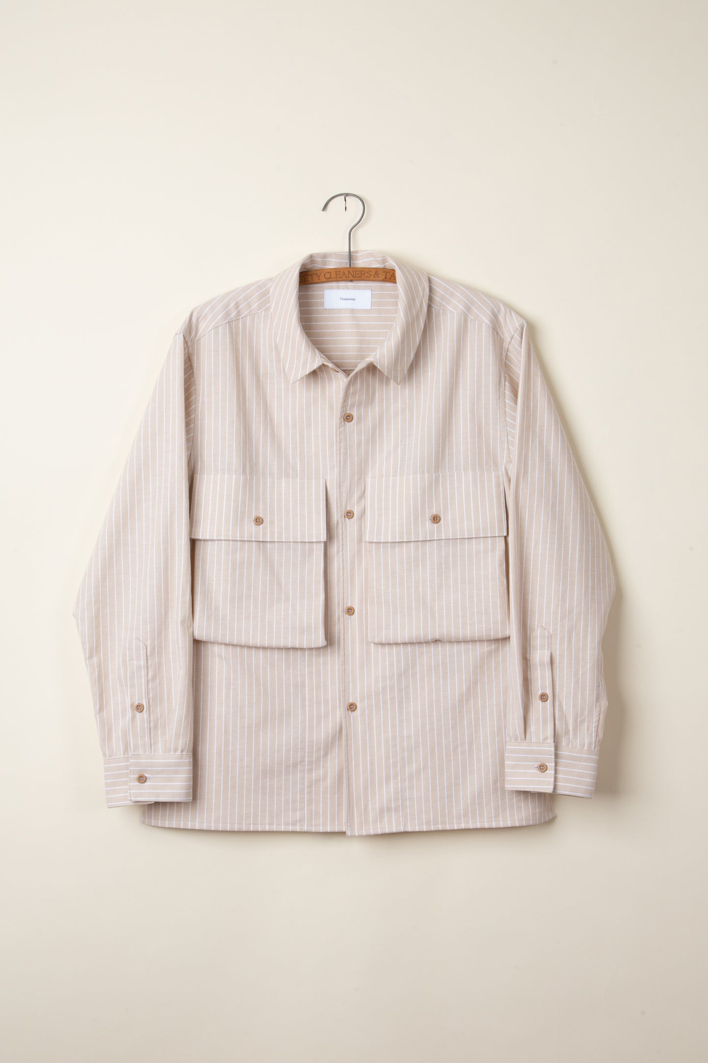 Beige and White Striped Broadcloth Camp Shirt