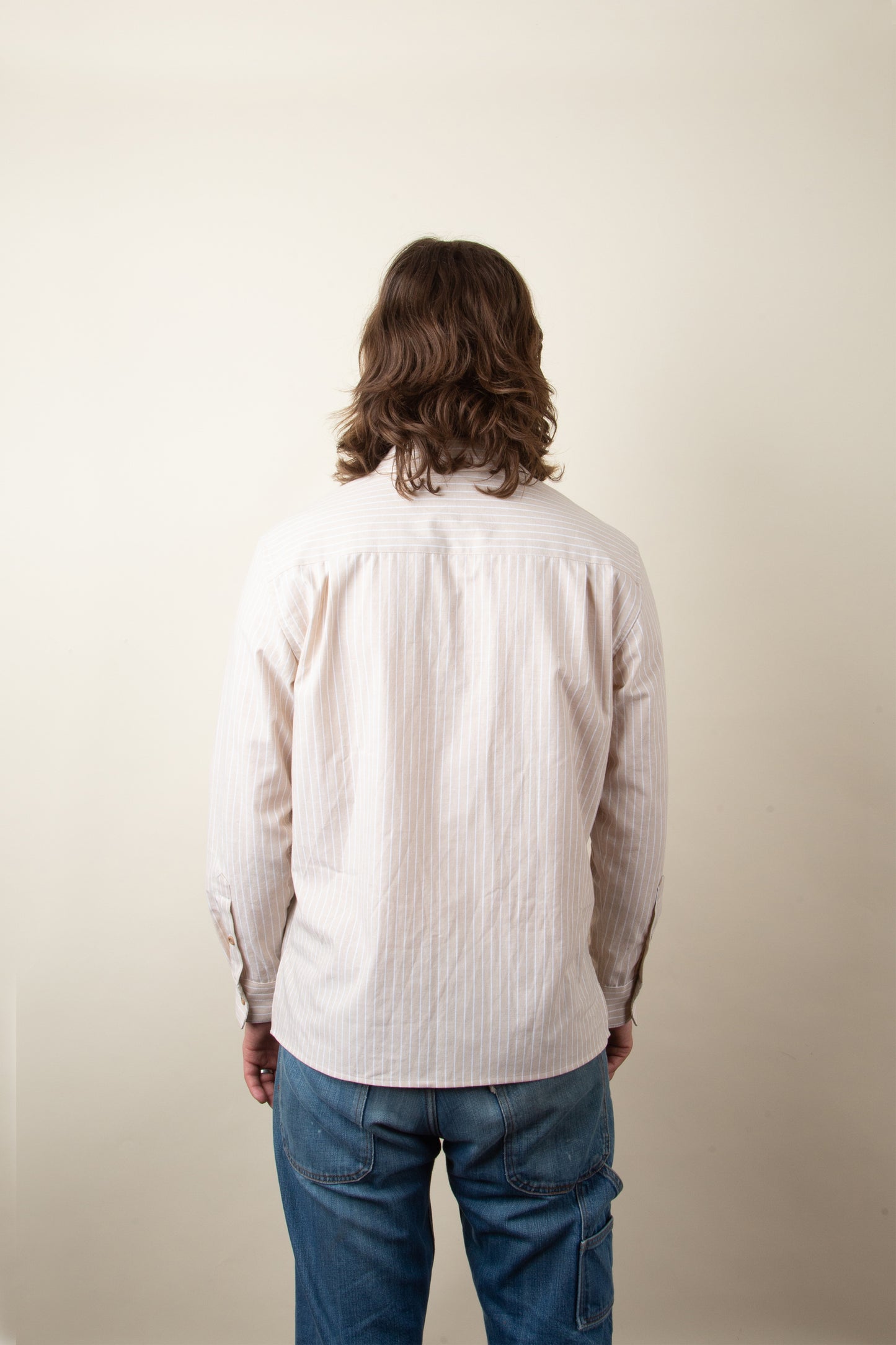 Beige and White Striped Broadcloth Camp Shirt
