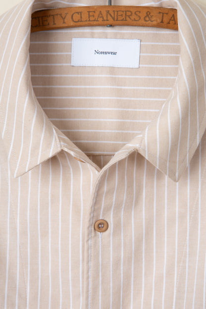 Beige and White Striped Broadcloth Camp Shirt